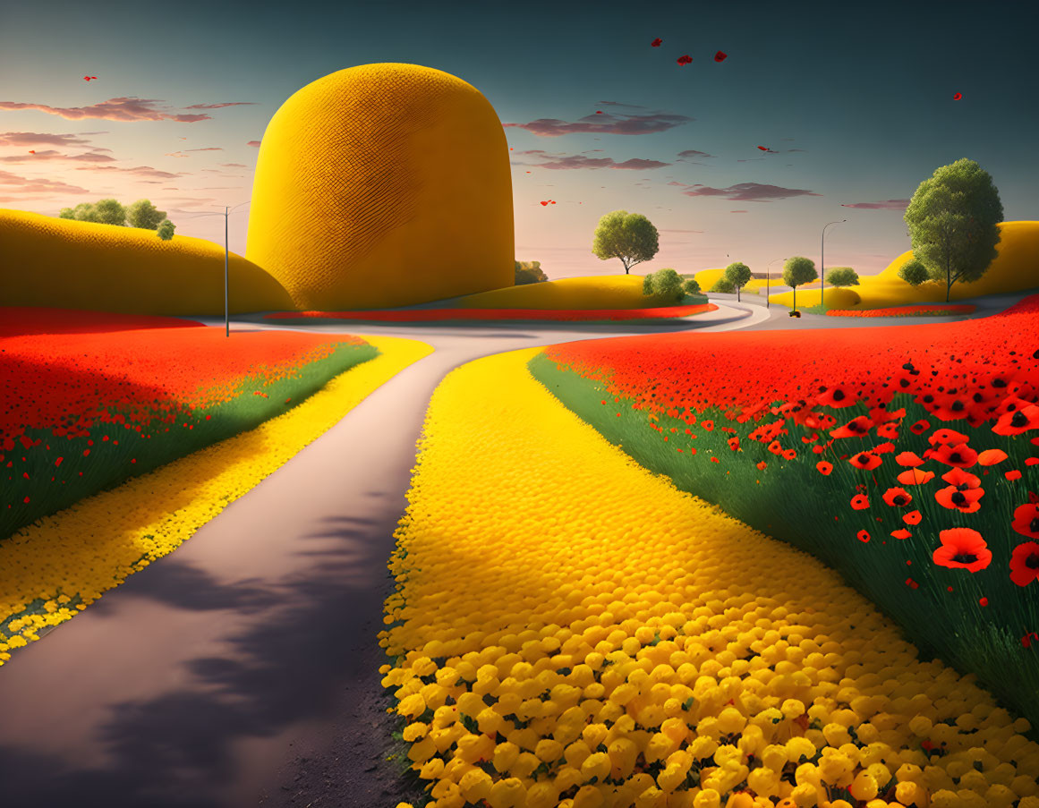 Colorful Fields and Winding Road in Surreal Landscape