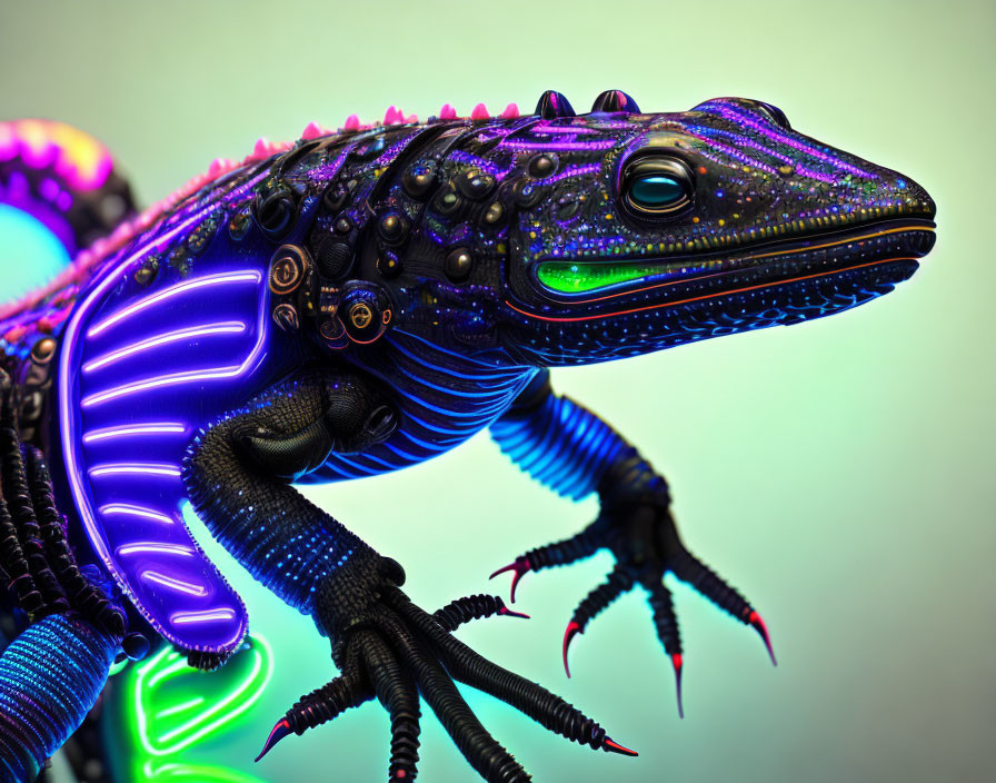 Colorful digital art: Robotic lizard with neon designs on soft background