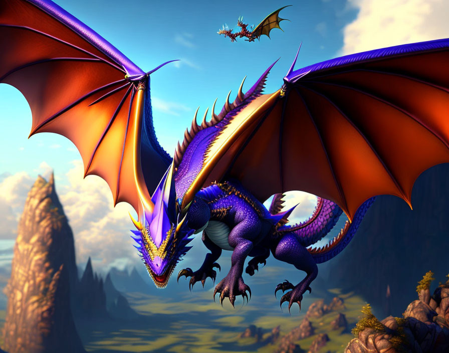 Vibrant purple and orange dragon perched on rocky outcrop amid misty mountains