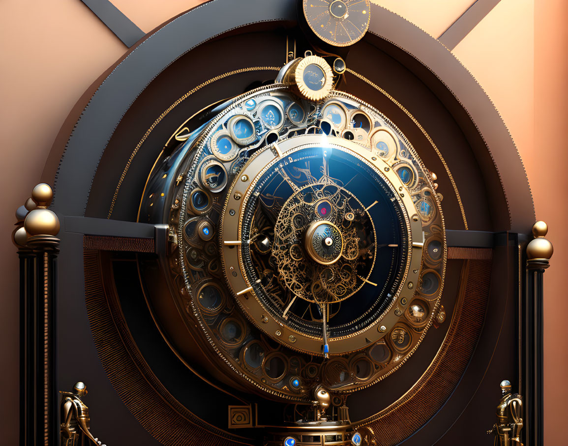 Steampunk astrolabe with gears, cogs, and celestial motifs on warm backdrop