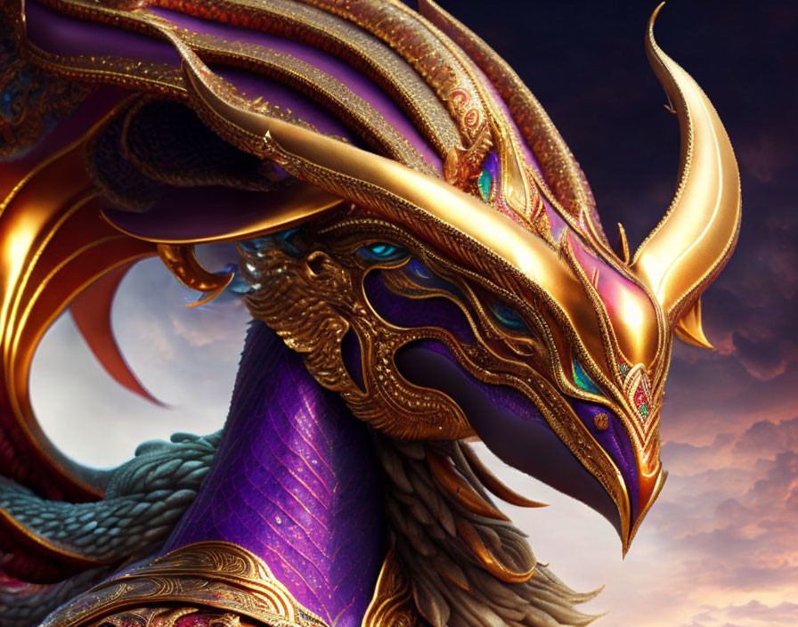 Detailed Ornate Dragon with Golden Horns and Purple Scales in Moody Sky Setting