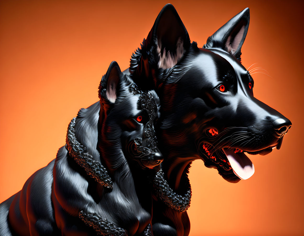 Stylized black dogs with red eyes and chain collars on orange background