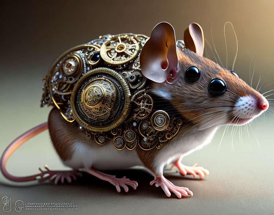 Steampunk-inspired digital artwork of a mouse with mechanical gears and ornate metalwork.