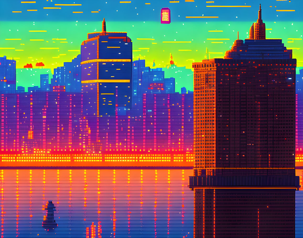 Colorful Pixel Art Cityscape Sunset with Skyscrapers & Water Reflections