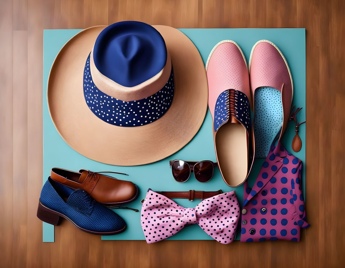 Men's Fashion Accessories: Straw Hat, Leather Shoes, Sunglasses, Colorful Loafers,