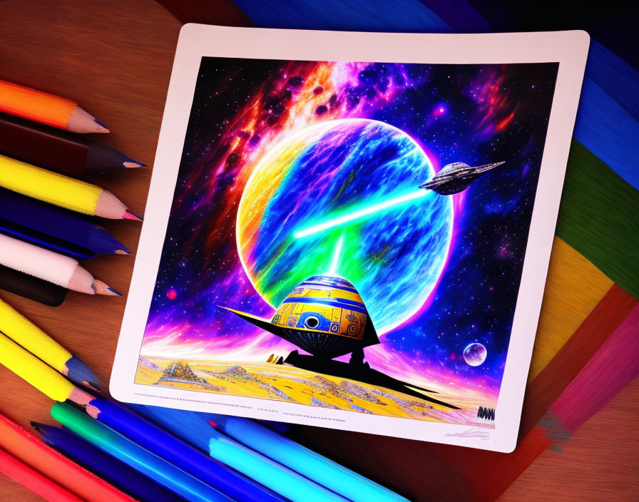 Colorful space scene artwork with planet, spaceship, and pencils on wooden surface