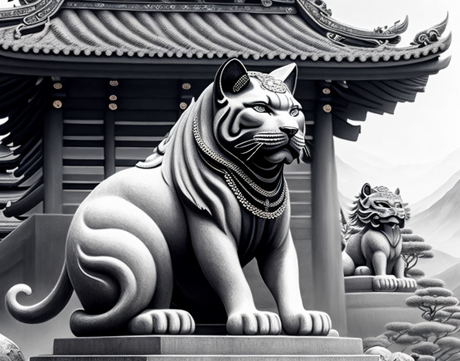 Monochrome image of sculpted stone tiger in front of Asian temple