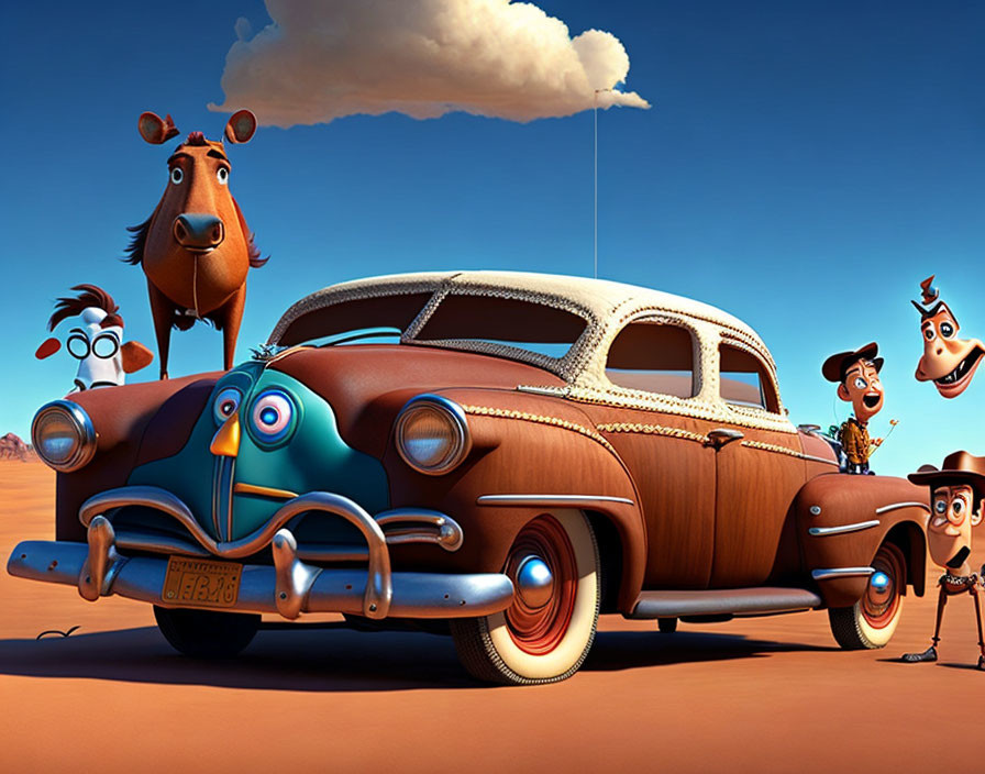 Vintage Car with Bird Face and Cartoon Characters in Wild West Scene