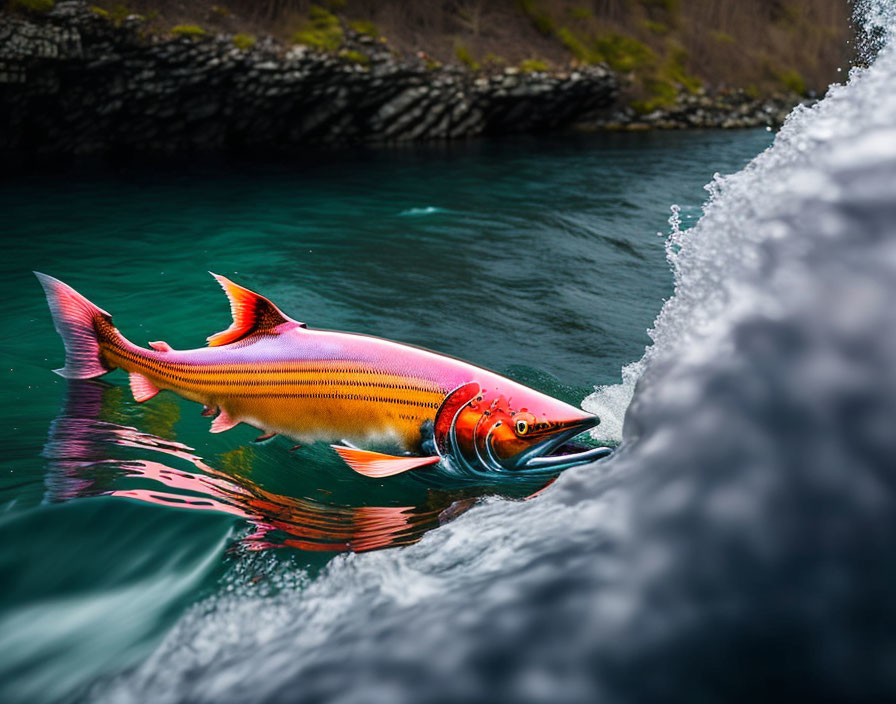 Colorful Digital Illustration: Salmon Jumping in Vibrant Waters