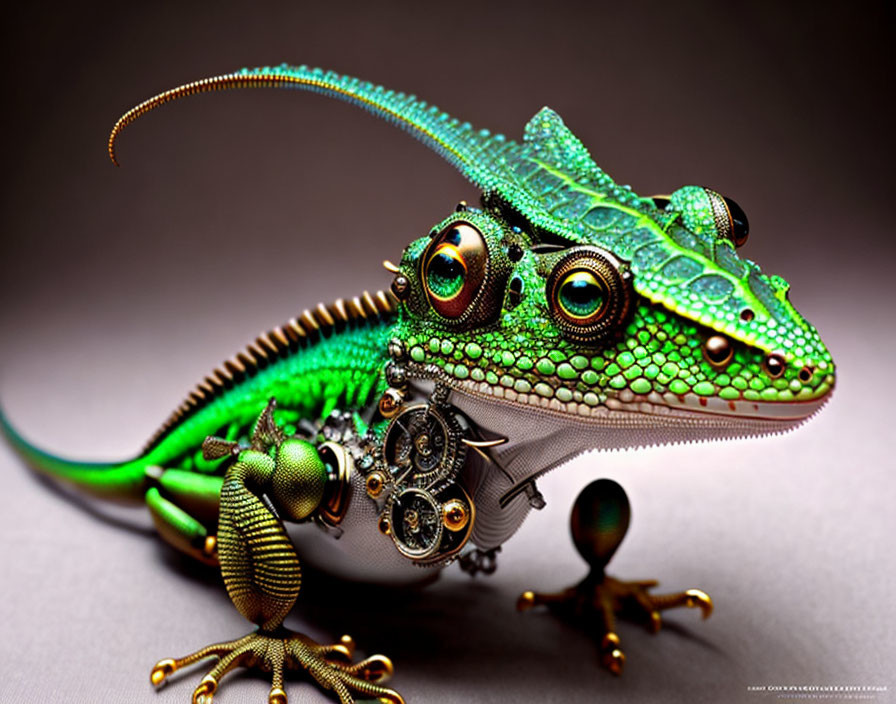 Green gecko with steampunk mechanical components integrated.