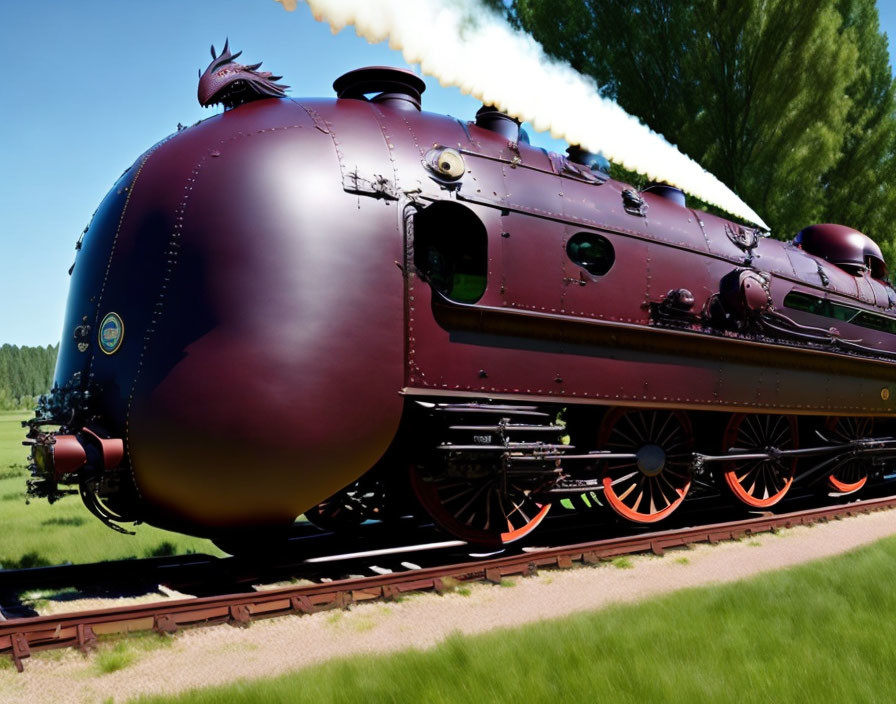 Maroon steam train with balloon-like features in lush green landscape