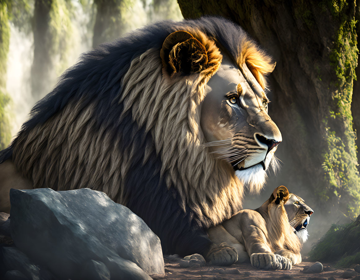 Majestic lion with lush mane beside a cub in natural setting