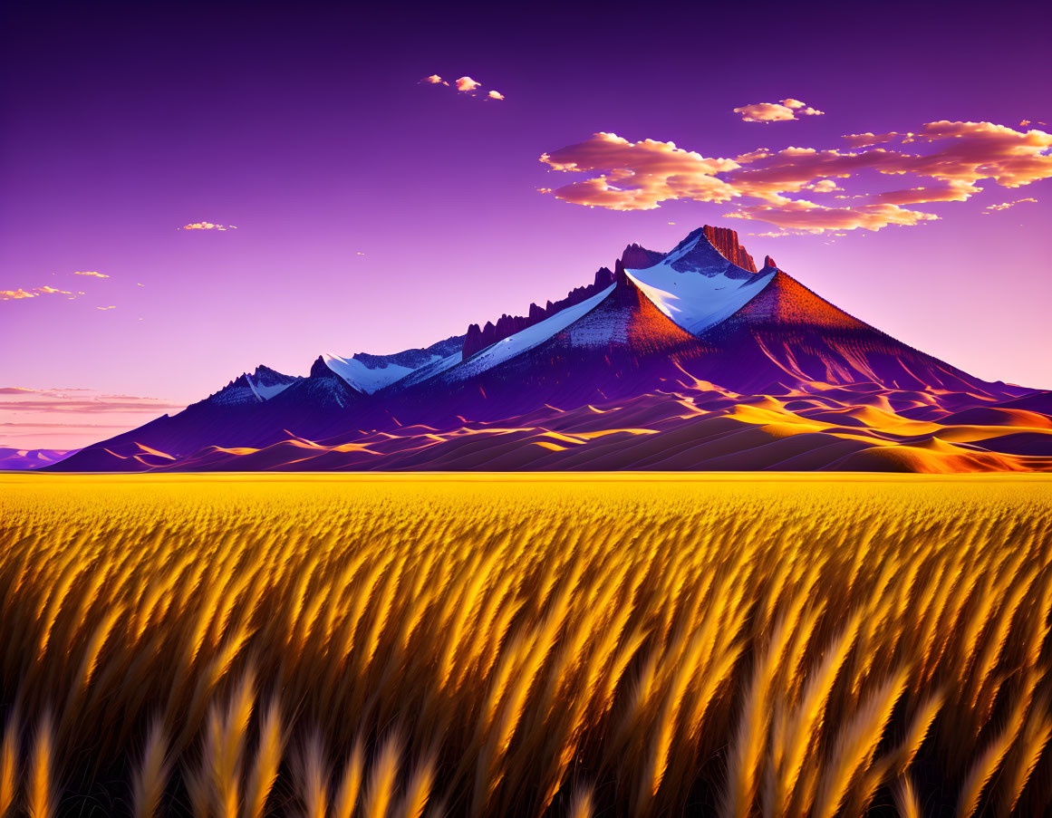 Majestic mountain range behind golden wheat field under vibrant sunset sky