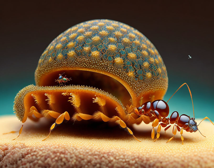 Digitally enhanced image: Ant carrying orange peel with intricate patterns