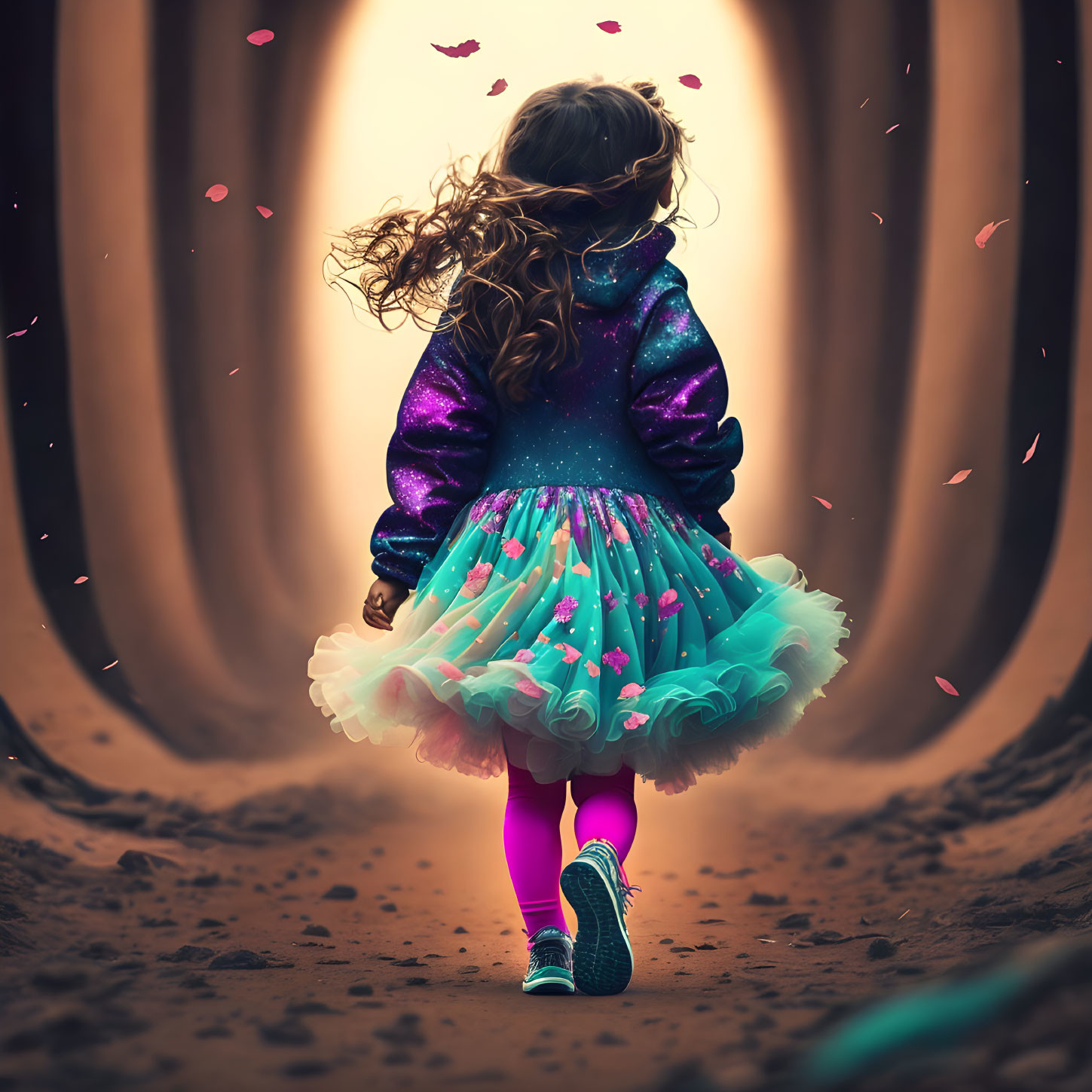 Curly-Haired Girl in Galaxy Jacket and Tutu Skirt Walking Towards Glowing Tunnel