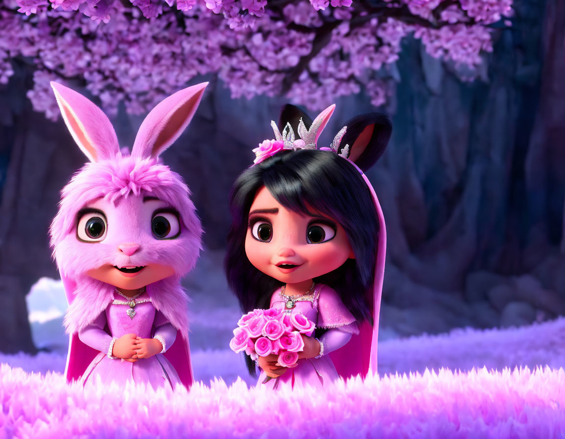 Animated bunny and girl in pink dresses under cherry blossoms with bouquet