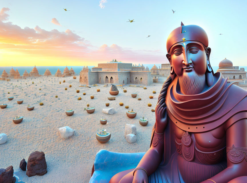 Colossal peaceful-faced statue in desert landscape with birds and palace structures