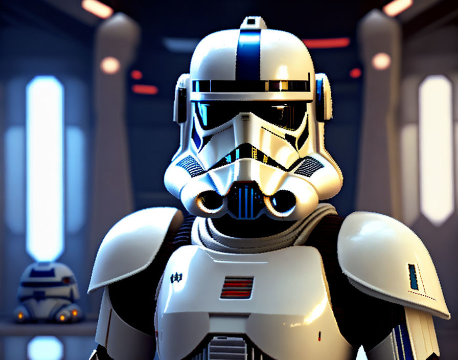 3D-rendered stormtrooper in corridor with small droid