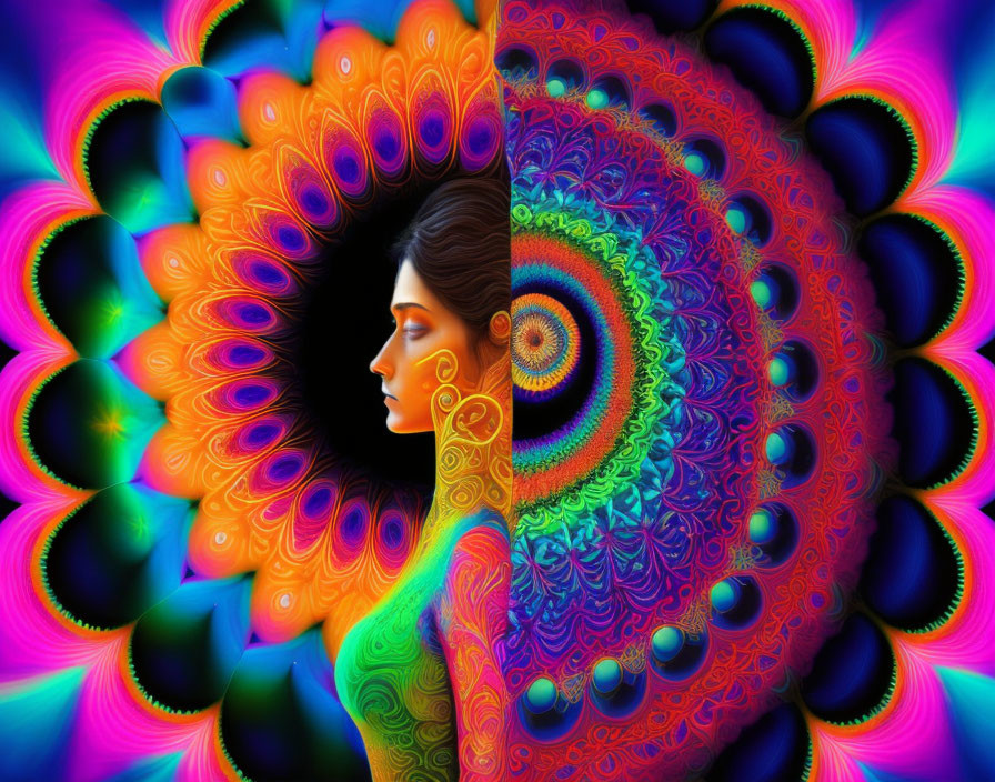 Colorful Fractal Designs Surrounding Woman's Profile