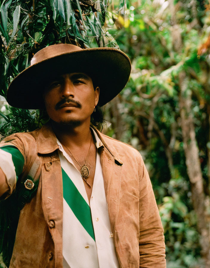 Man with Mustache in Brown Hat and Jacket in Lush Green Forest