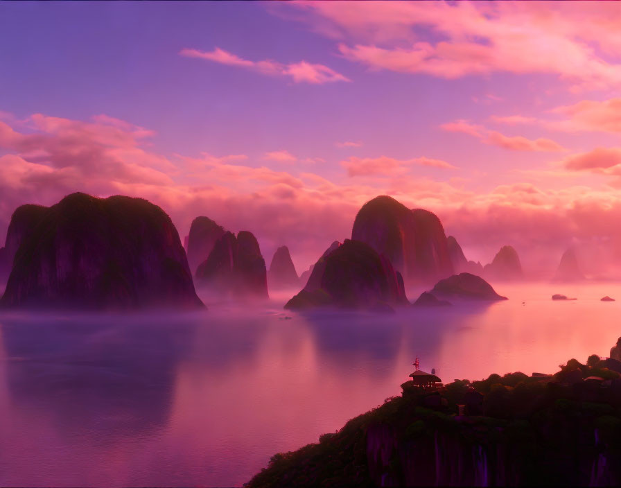 Misty seascape at sunset with silhouetted karst mountains and a clifftop