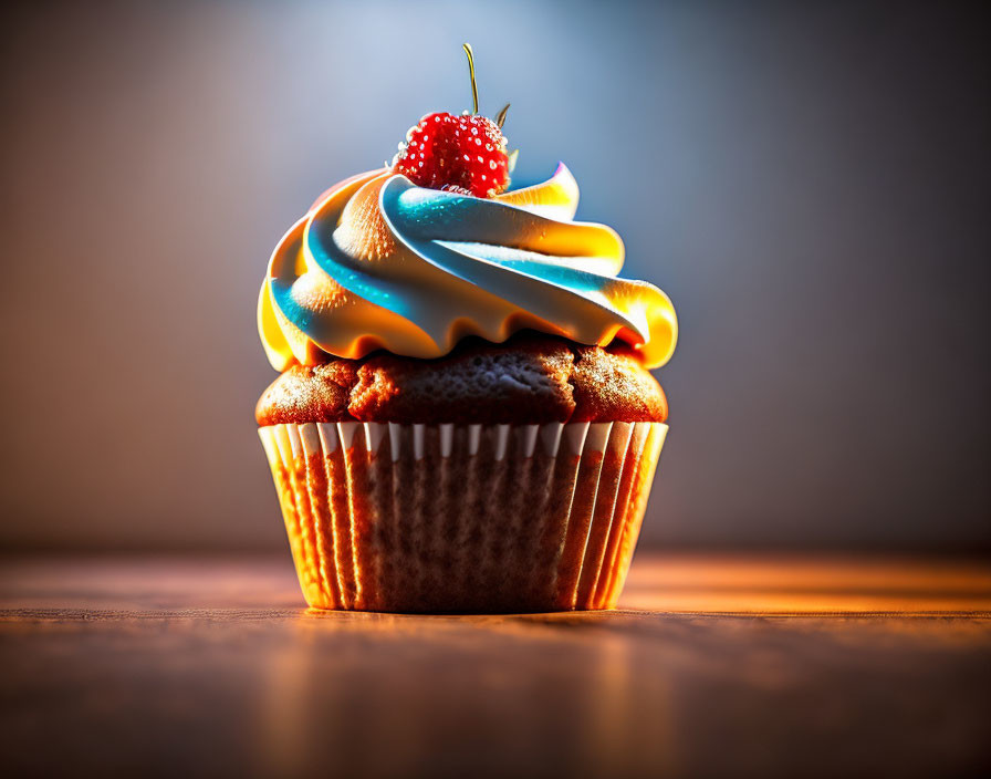 Colorful Cupcake with Blue and Yellow Frosting and Raspberry on Warm Background