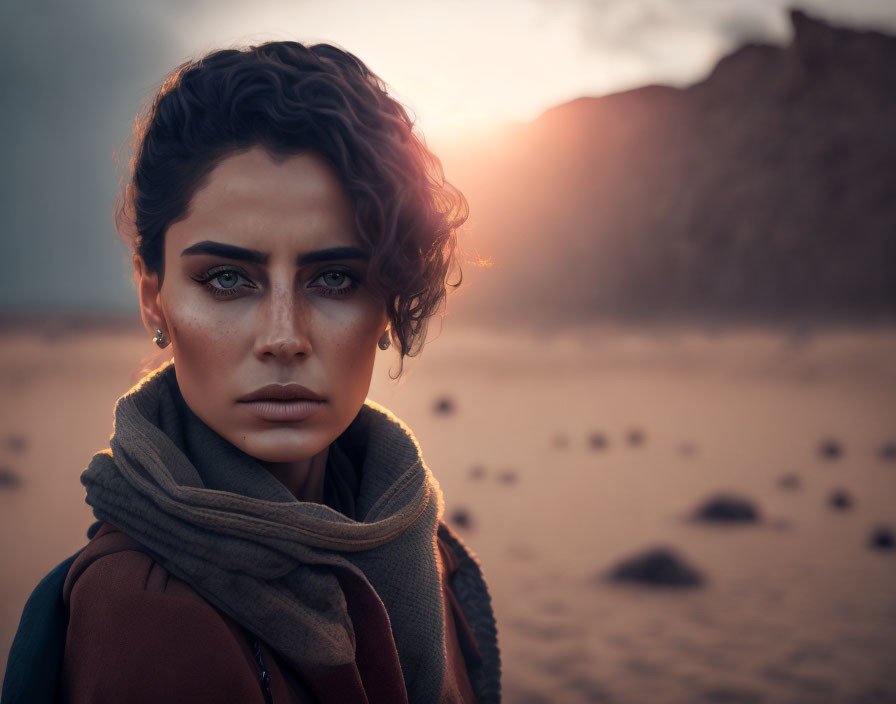 Woman with piercing eyes and curly hair on beach at sunset.