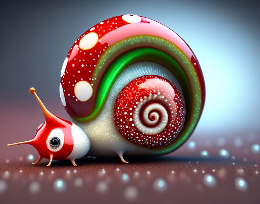 Vibrant 3D illustration of a colorful snail with red and white polka-dotted