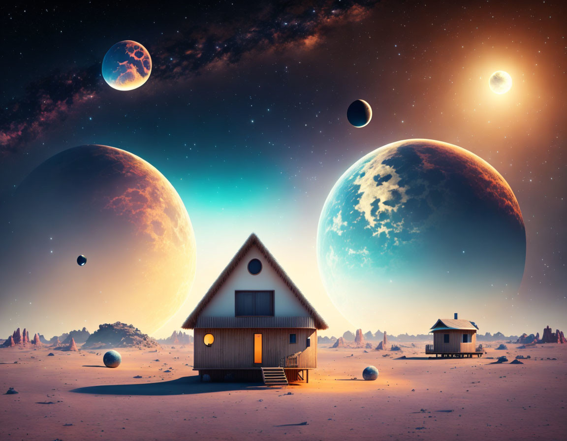 Surreal landscape with two houses on desert terrain under multiple planets and sun