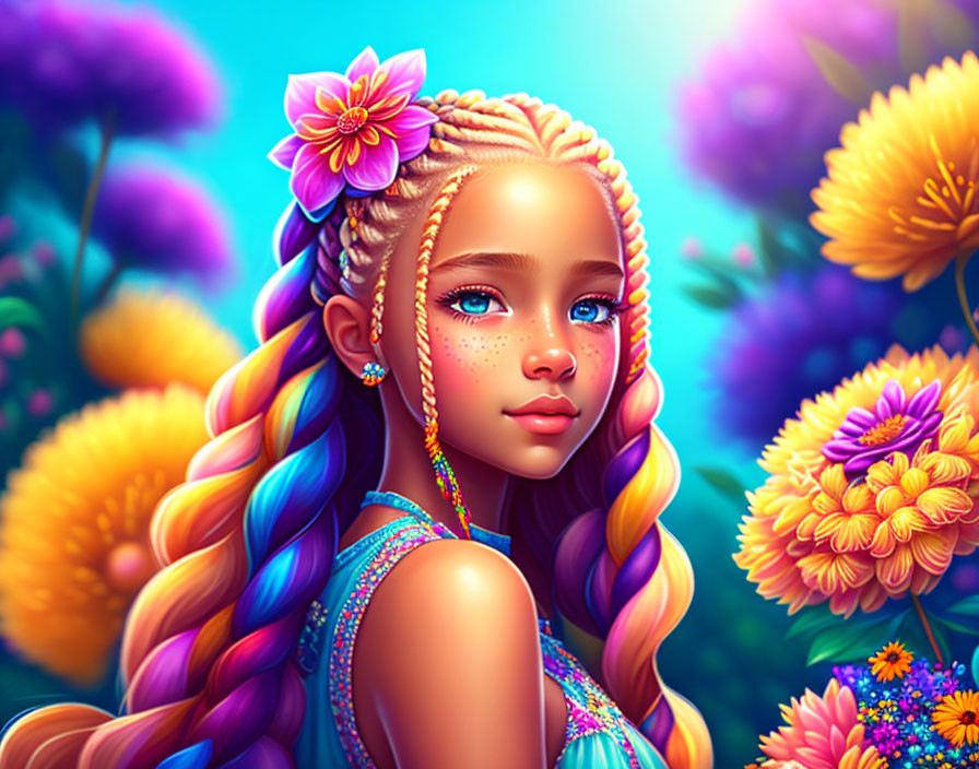 Colorful illustration of a girl with braided hair and blue eyes surrounded by vibrant flowers