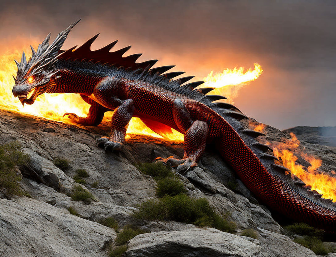 Majestic red dragon breathing fire on rocky terrain