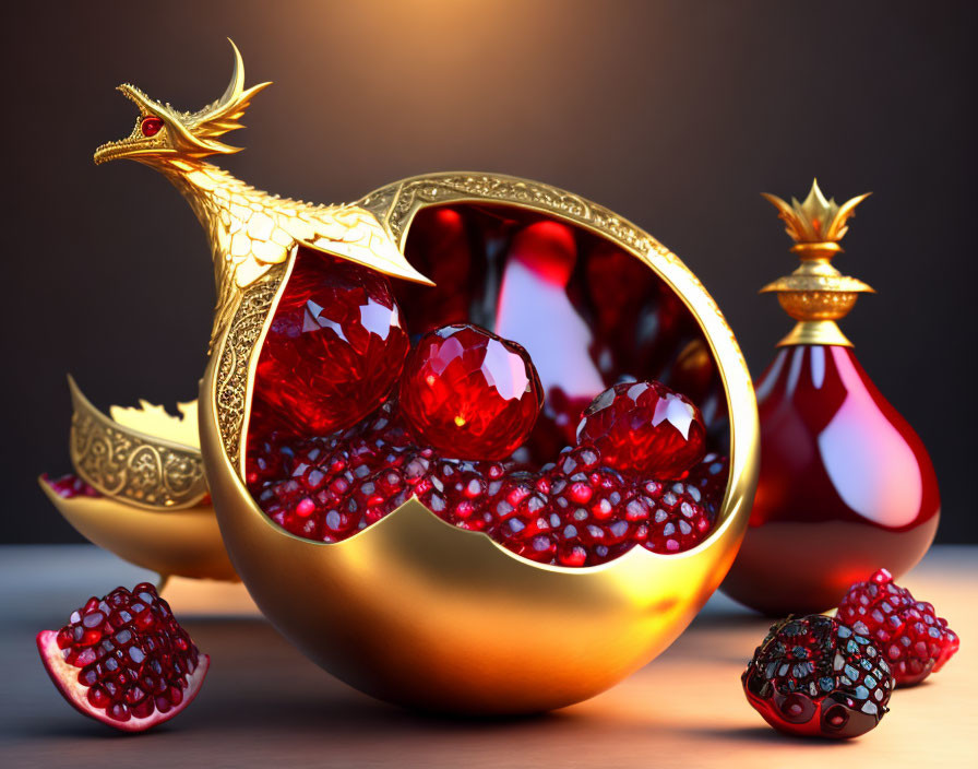 Golden dragon-adorned pomegranate ornament with red jewels, flask, and seeds