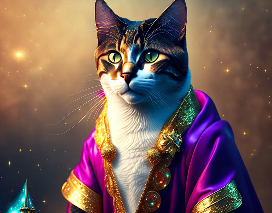 Majestic cat with green eyes in purple and gold robe on starry backdrop