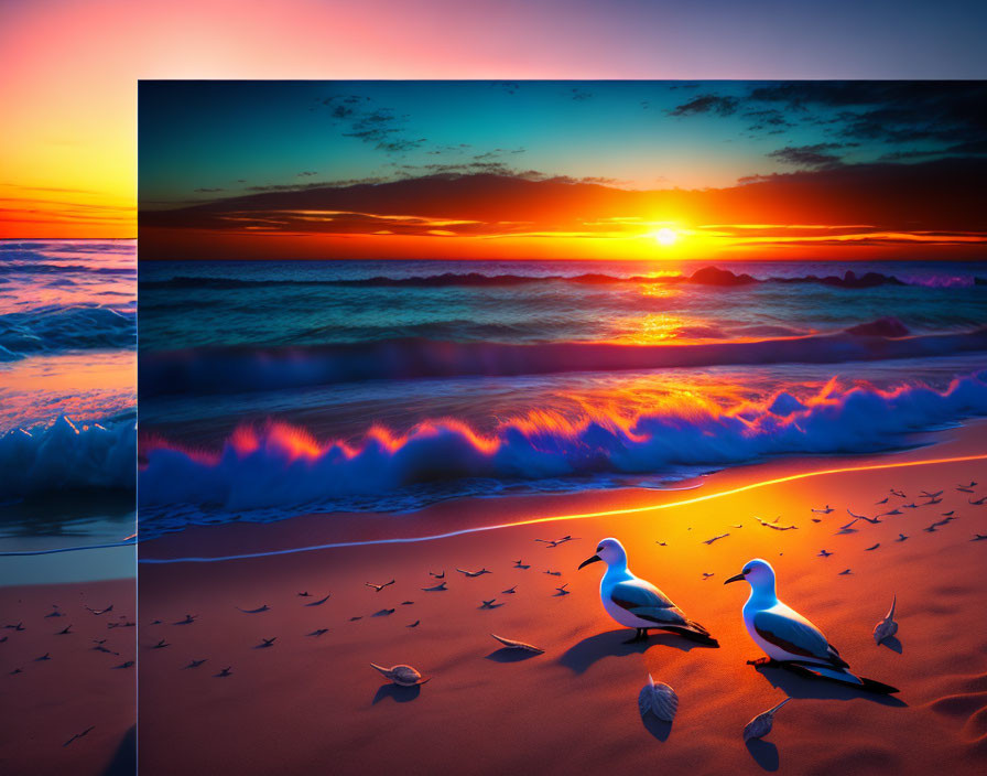 Vibrant sunset beach scene with seagulls, waves, and seashells