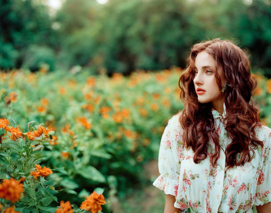 Curly-haired woman in floral dress surrounded by orange flowers in garden