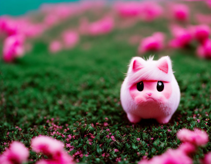 Pink Plush Toy Cat on Green Grass with Pink Flowers