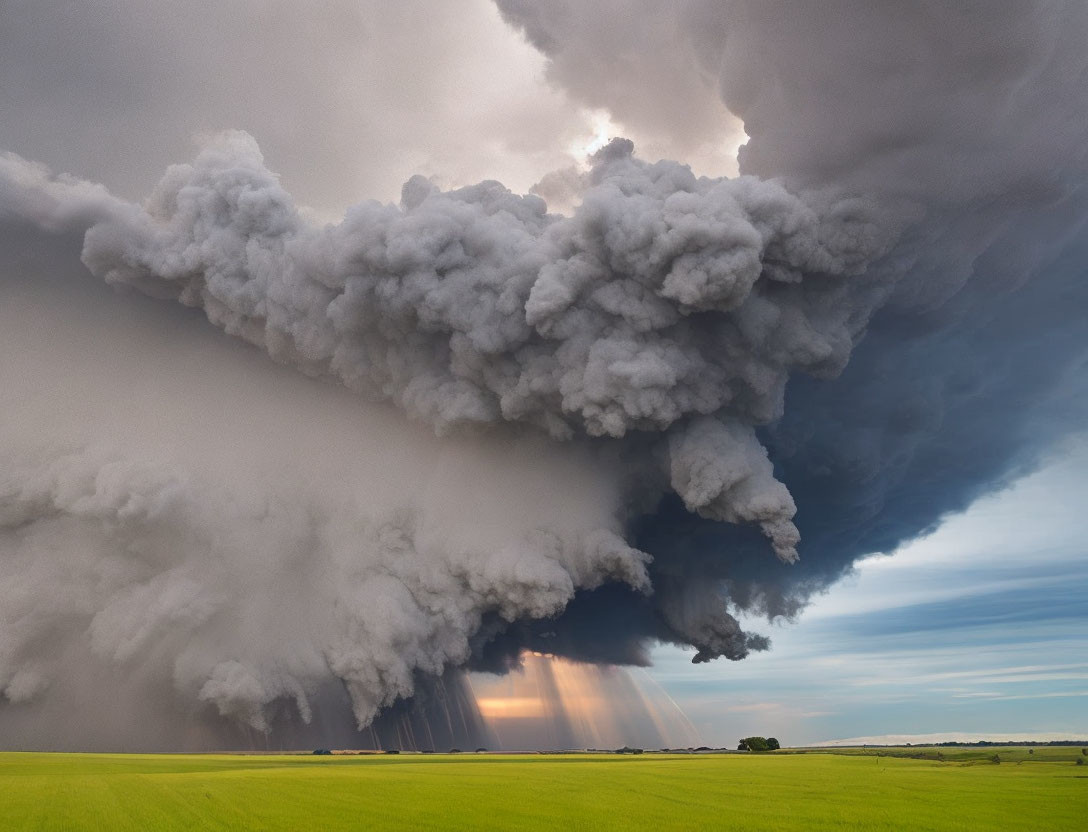 Dramatic shelf cloud over green field with sunlight and storm front