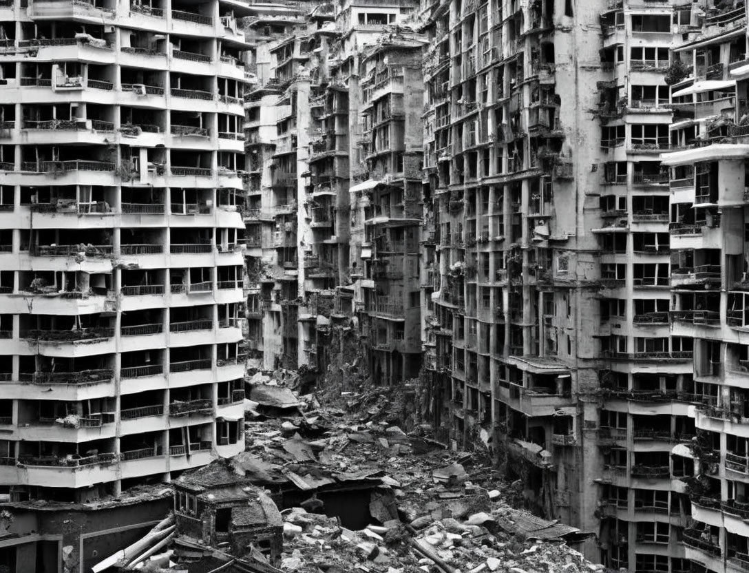 Dilapidated High-Rise Buildings in Monochrome