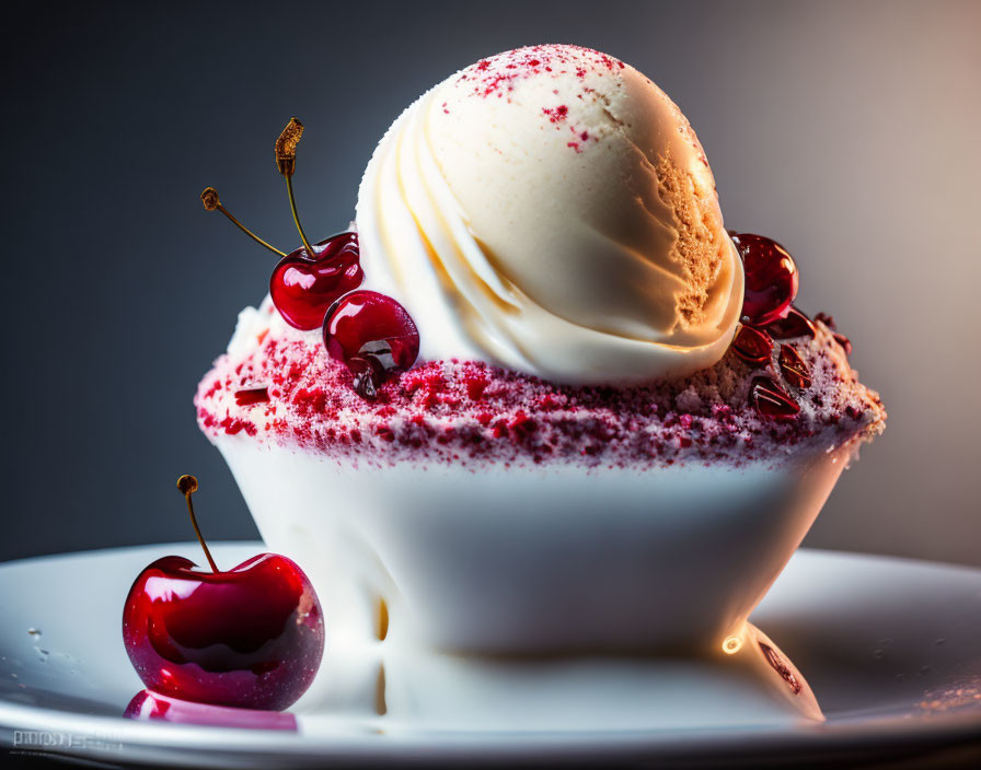 Vanilla ice cream dessert with red crumbs and cherries on white plate