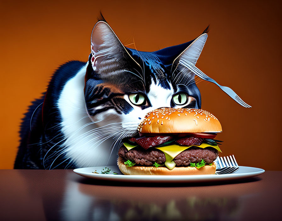 Cat with unique markings eyeing cheeseburger on plate against orange background