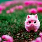 Pink Plush Toy Cat on Green Grass with Pink Flowers