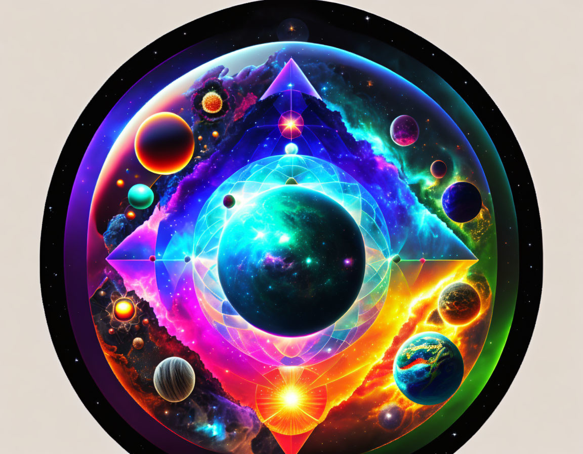 Colorful cosmic art with celestial bodies, geometric shapes, and mystical symbols.