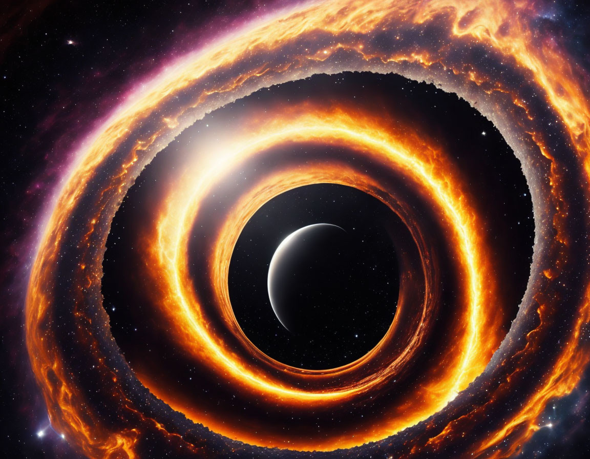 Detailed depiction of black hole with glowing accretion disk and celestial body in space