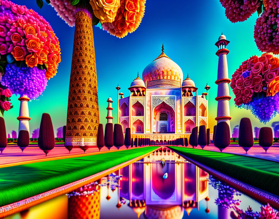 Colorful Taj Mahal artwork with symmetrical reflection and floral patterns