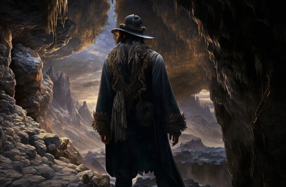 Figure in Wide-Brimmed Hat and Ornate Cloak at Cave Entrance in Warmly Lit Landscape