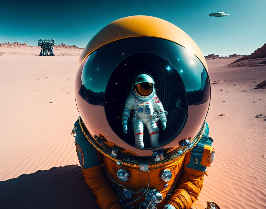 Astronaut on alien desert with spaceship and flying craft reflected in visor