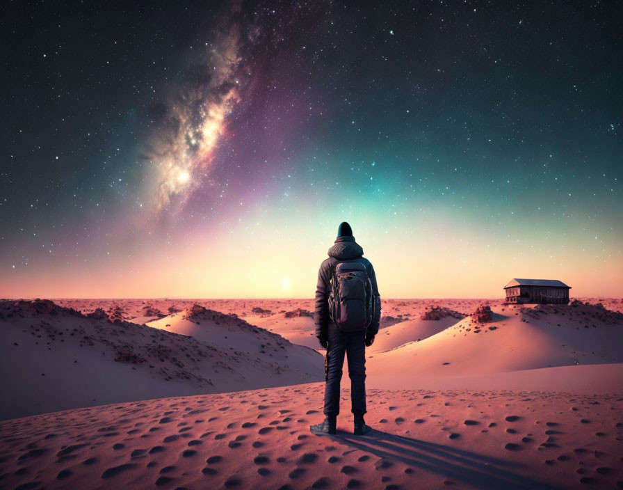 Person standing on sand dunes under starry sky with Milky Way galaxy visible near wooden structure at twilight