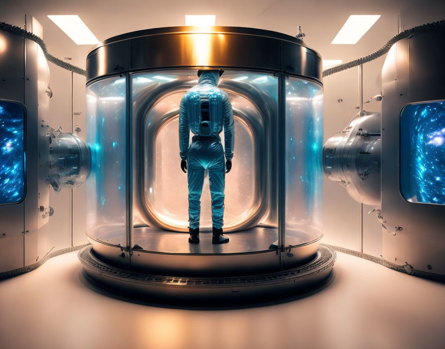 Futuristic spacecraft interior with astronaut gazing at luminous blue chamber