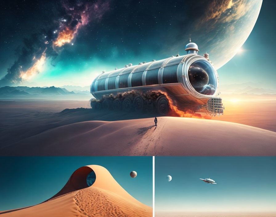 Futuristic train-like vehicle in desert landscape on alien planet with star-filled sky