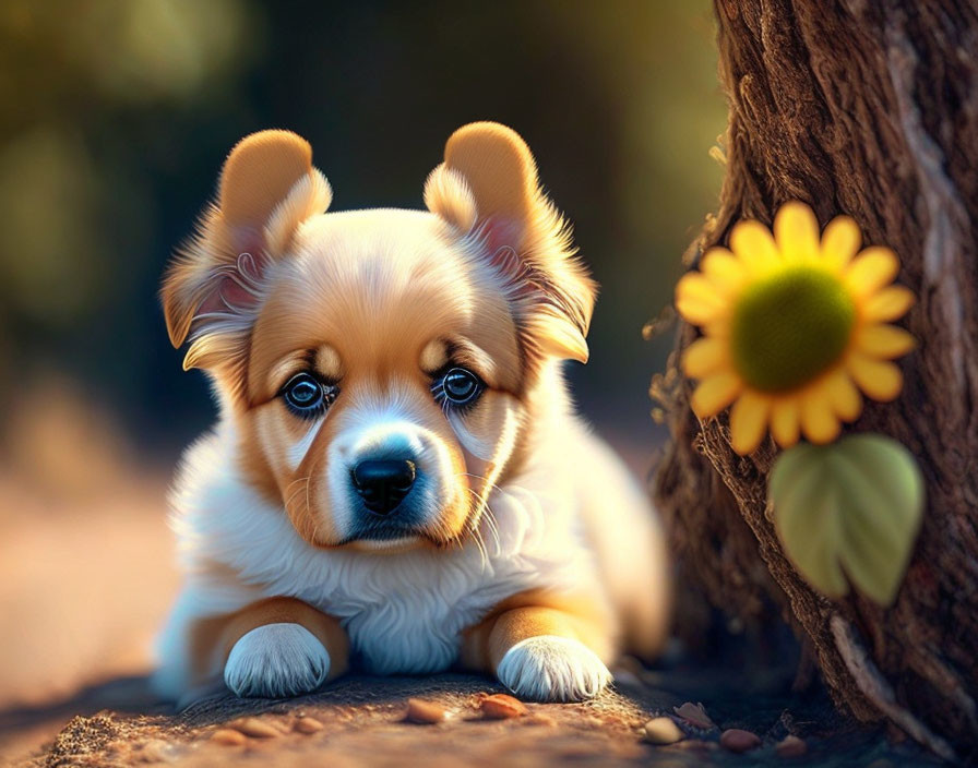 Adorable Corgi Puppy with Sunflower by Tree Trunk